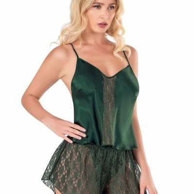 Arias Closet Koyu Yeşil Saten Babydoll Şort Takımı