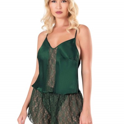 Arias Closet Koyu Yeşil Saten Babydoll Şort Takımı