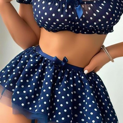 Arias Closet Lacivert Fırfır Etekli Puantiyeli Jartiyerli Fantezi Kostüm