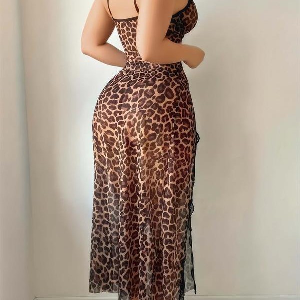 Arias Closet Leopar Desenli Yırtmaçlı Fantezi Uzun Gecelik