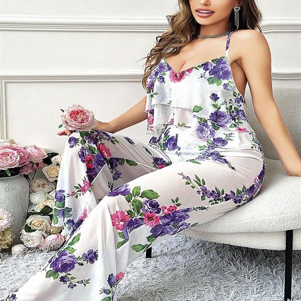 Arias Closet Özel Tasarım Büyük Beden Çiçek Desenli Fırfırlı 2'Li Pijama Takımı