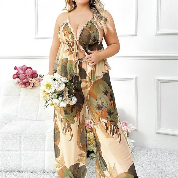 Arias Closet Özel Tasarım Büyük Beden Çiçek Desenli İnce Askılı 2'Li Pijama Takımı