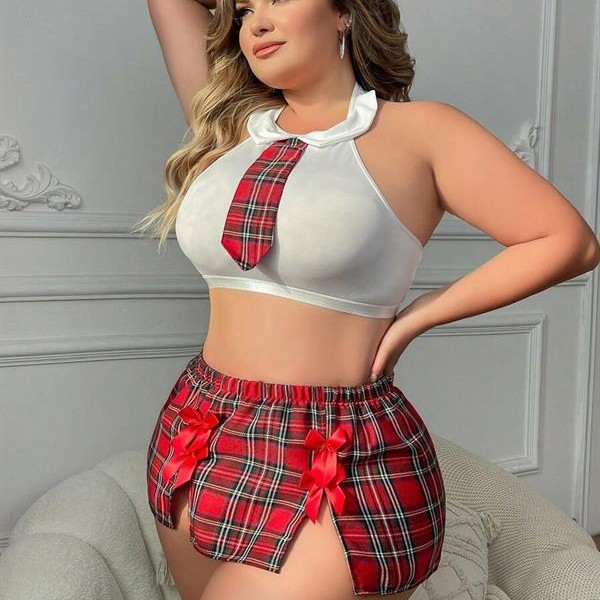 Arias Closet Özel Tasarım Büyük Beden Ekoseli Kravatlı Fantezi Liseli Kostümü