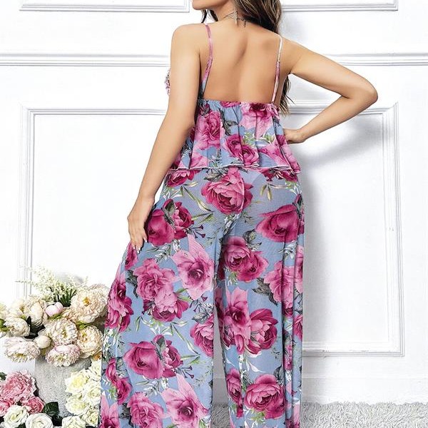 Arias Closet Özel Tasarım Büyük Beden Kırmızı Çiçek Desenli Bol Kesim 2'Li Pijama Takımı