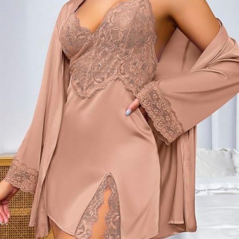 Arias Closet Özel Tasarım Dantel İşlemeli Şık Göğüs Dekolteli Sabahlıklı 2'Li Saten Gecelik Takımı