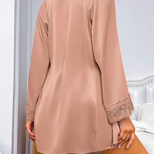 Arias Closet Özel Tasarım Dantel İşlemeli Şık Göğüs Dekolteli Sabahlıklı 2'Li Saten Gecelik Takımı