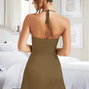 Arias Closet Özel Tasarım İnce Askılı Boyundan Bağlamalı Koyu Yeşil Mini Saten Gecelik