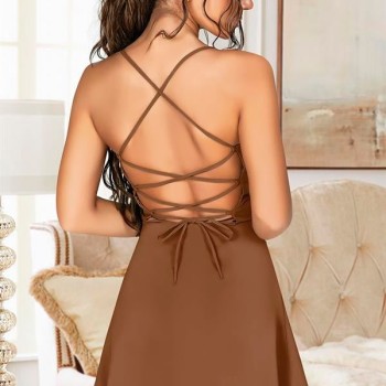 Arias Closet Özel Tasarım İnce Askılı Sırt Dekolteli Kahverengi Mini Saten Gecelik