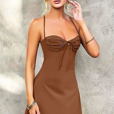 Arias Closet Özel Tasarım İnce Askılı Sırt Dekolteli Kahverengi Mini Saten Gecelik