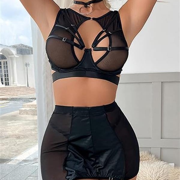 Arias Closet Özel Tasarım Seksi Etekli Siyah Fantezi Jartiyer Takımı