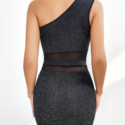 Arias Closet Özel Tasarım Siyah Tek Omuz Dekolteli Işıltılı Fantezi Mini Club Elbisesi