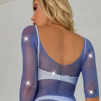 Arias Closet Özel Tasarım Taşlı Mavi Işıltılı Fantezi File Vücut Çorabı