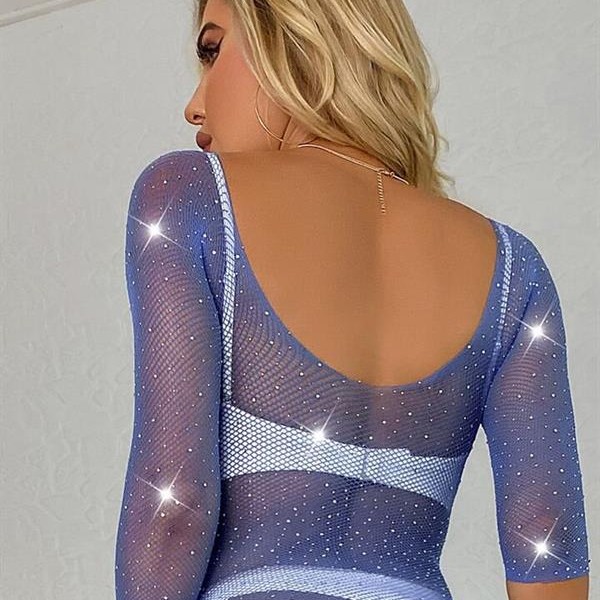 Arias Closet Özel Tasarım Taşlı Mavi Işıltılı Fantezi File Vücut Çorabı