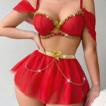 Arias Closet Özel Tasarım Zincir Detaylı Kırmızı Fantezi Kostüm