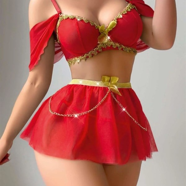 Arias Closet Özel Tasarım Zincir Detaylı Kırmızı Fantezi Kostüm