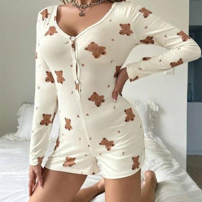 Arias Closet Pamuklu Ekru Ayıcık Desenli Düğmeli Tulum Pijama