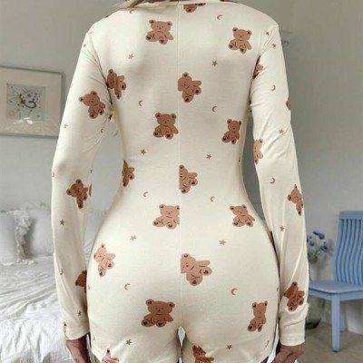 Arias Closet Pamuklu Ekru Ayıcık Desenli Düğmeli Tulum Pijama