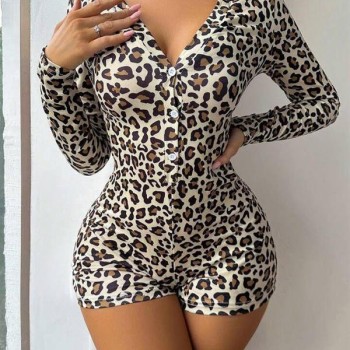 Arias Closet Pamuklu Leopar Desenli Düğmeli Uzun Kol Tulum Pijama