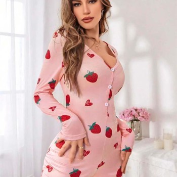 Arias Closet Pamuklu Pembe Çilek Desenli Tulum Pijama