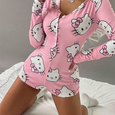 Arias Closet Pamuklu Pembe Hello Kitty Desenli Düğmeli Uzun Kol Tulum Pijama