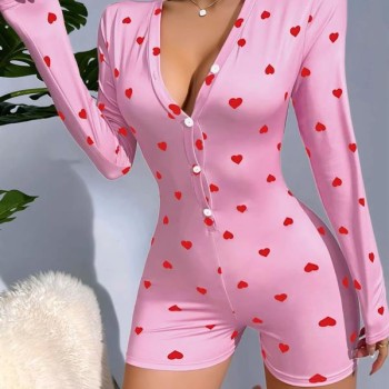 Arias Closet Pamuklu Pembe Kalp Desenli Düğmeli Tulum Pijama