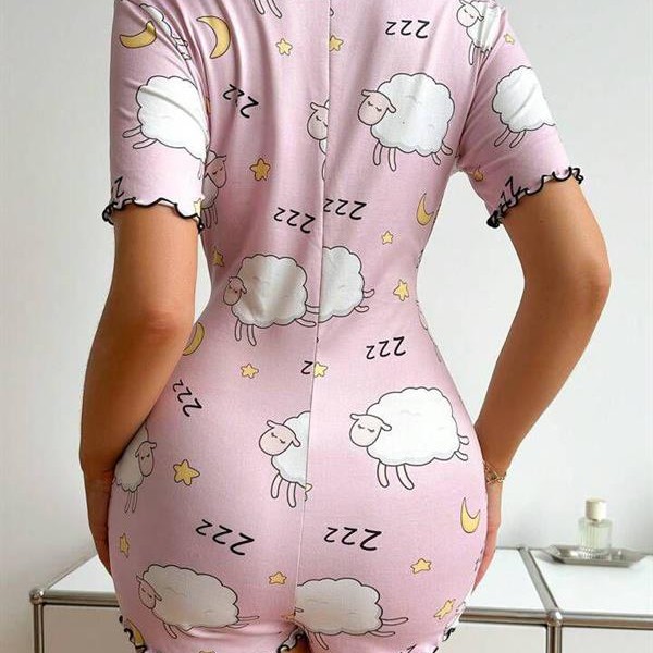 Arias Closet Pamuklu Pembe Kuzu Desenli Düğmeli Uzun Kol Tulum Pijama