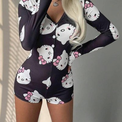 Arias Closet Pamuklu Siyah Hello Kitty Desenli Düğmeli Uzun Kol Tulum Pijama