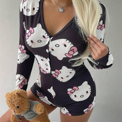 Arias Closet Pamuklu Siyah Hello Kitty Desenli Düğmeli Uzun Kol Tulum Pijama