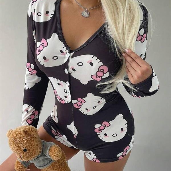 Arias Closet Pamuklu Siyah Hello Kitty Desenli Düğmeli Uzun Kol Tulum Pijama