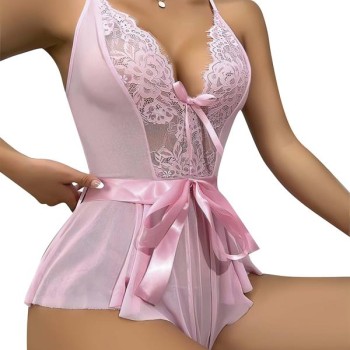 Arias Closet Pembe Dantel İşlemeli Kurdelalı Fantezi Tül Babydoll