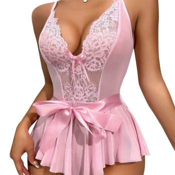 Arias Closet Pembe Dantel İşlemeli Kurdelalı Fantezi Tül Babydoll