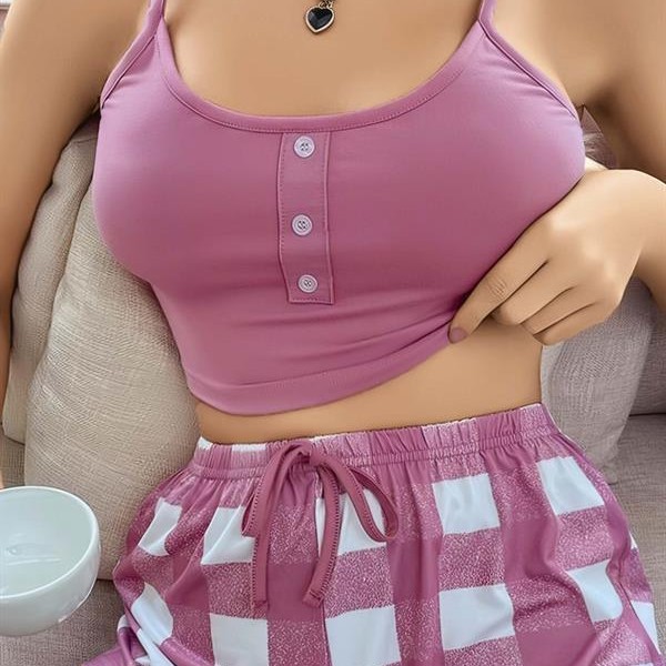 Arias Closet Pembe Kareli Desenli Askılı Şortlu Pijama Takım