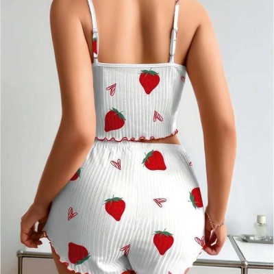 Arias Closet Penye Kumaş Çilek Desen Beyaz Şortlu Takım