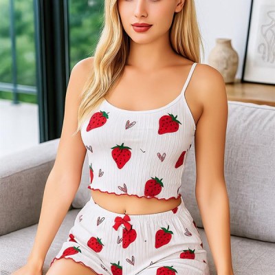 Arias Closet Penye Kumaş Çilek Desen Beyaz Şortlu Takım