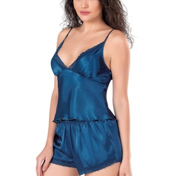 Arias Closet Petrol Mavi Saten Babydoll Şort Takımı