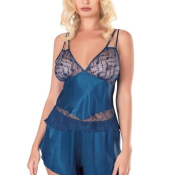 Arias Closet Petrol Mavisi Saten Babydoll Şort Takımı