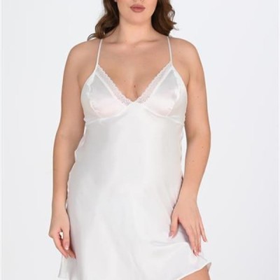Arias Closet Premium Büyük Beden Saten Dantel İşlemeli Beyaz-Pembe 2'Li Gecelik Sabahlık Takımı Bigsize