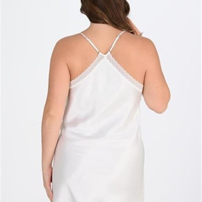 Arias Closet Premium Büyük Beden Saten Dantel İşlemeli Beyaz-Pembe 2'Li Gecelik Sabahlık Takımı Bigsize