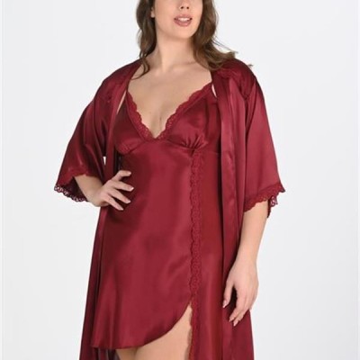 Arias Closet Premium Büyük Beden Saten Dantel İşlemeli Bordo 2'Li Gecelik Sabahlık Takımı Bigsize