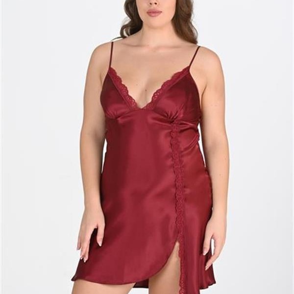 Arias Closet Premium Büyük Beden Saten Dantel İşlemeli Bordo 2'Li Gecelik Sabahlık Takımı Bigsize