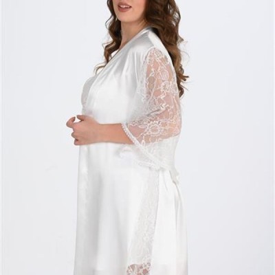 Arias Closet Premium Büyük Beden Saten Dantel İşlemeli Ekru 2'Li Gecelik Sabahlık Takımı Bigsize