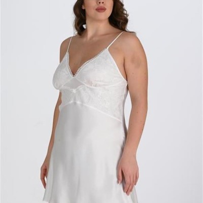 Arias Closet Premium Büyük Beden Saten Dantel İşlemeli Ekru 2'Li Gecelik Sabahlık Takımı Bigsize