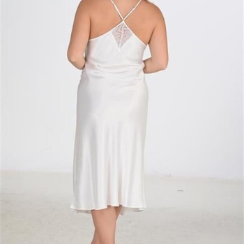 Arias Closet Premium Büyük Beden Saten Dantel İşlemeli Ekru Uzun Yırtmaçlı 2'Li Gecelik Sabahlık Takımı Bigsize