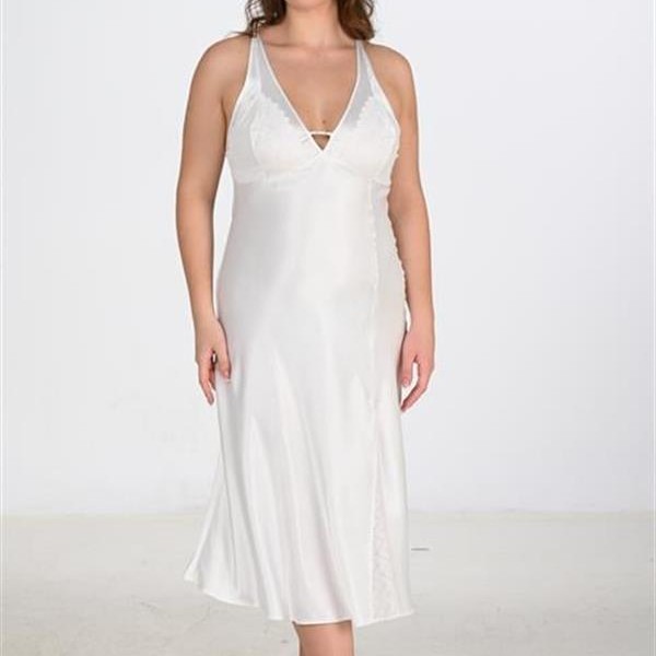 Arias Closet Premium Büyük Beden Saten Dantel İşlemeli Ekru Uzun Yırtmaçlı 2'Li Gecelik Sabahlık Takımı Bigsize