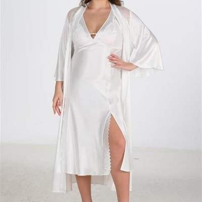 Arias Closet Premium Büyük Beden Saten Dantel İşlemeli Ekru Uzun Yırtmaçlı 2'Li Gecelik Sabahlık Takımı Bigsize