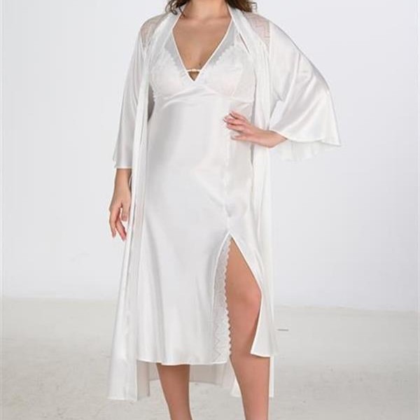 Arias Closet Premium Büyük Beden Saten Dantel İşlemeli Ekru Uzun Yırtmaçlı 2'Li Gecelik Sabahlık Takımı Bigsize