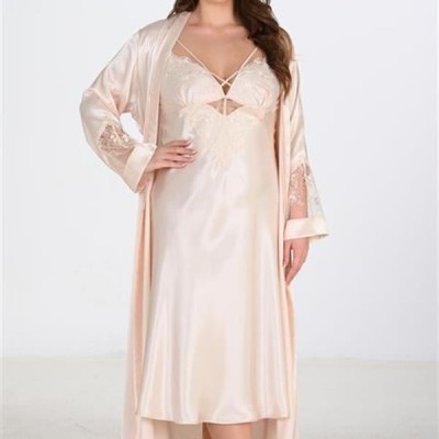 Arias Closet Premium Büyük Beden Saten Dantel İşlemeli Fil Dişi Uzun 2'Li Gecelik Sabahlık Takımı Bigsize