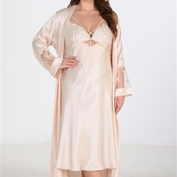 Arias Closet Premium Büyük Beden Saten Dantel İşlemeli Fil Dişi Uzun 2'Li Gecelik Sabahlık Takımı Bigsize