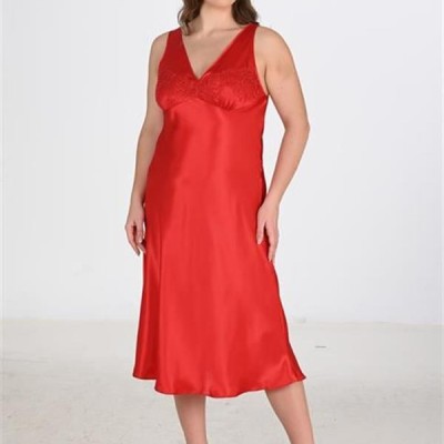 Arias Closet Premium Büyük Beden Saten Dantel İşlemeli Kırmızı 2'Li Gecelik Sabahlık Takımı Bigsize