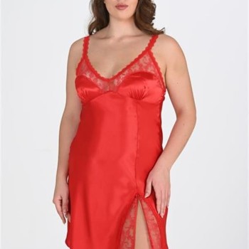 Arias Closet Premium Büyük Beden Saten Dantel İşlemeli Kırmızı Gecelik Bigsize